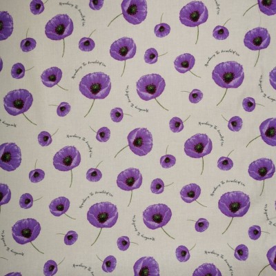 100% Cotton Fabric Print by Nutex - Animals Of War - Single Purple Poppies on Stone