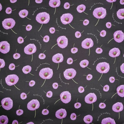 100% Cotton Fabric Print by Nutex - Animals Of War - Single Purple Poppies on Black