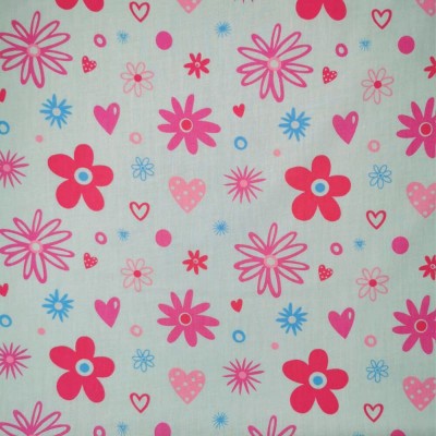 Polycotton Printed Fabric Flowers and Hearts - Mint