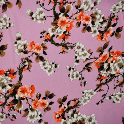 100% Viscose Floral Print Fabric - Pink 150cm