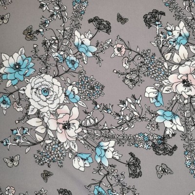 Fine Crepe Floral Print Fabric - Grey