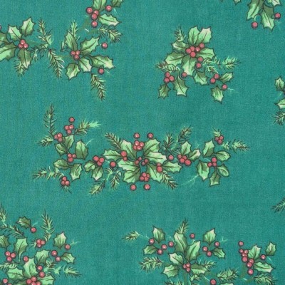 Christmas Polycotton Fabric - Green with Holly