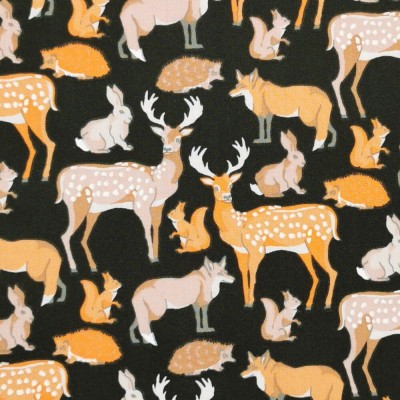 Printed Polycotton Fabric - Designs By Libby Woodland Animals - Black