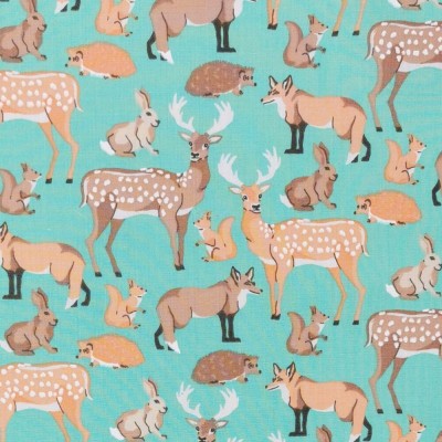 Printed Polycotton Fabric - Designs By Libby Woodland Animals - Turquoise
