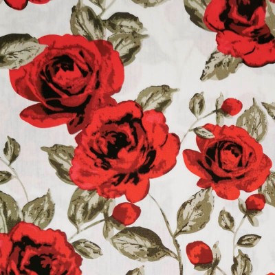100% Cotton Poplin Fabric - Red Roses on White