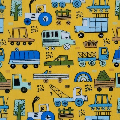 Polycotton Printed Fabric Construction Fun - Mustard