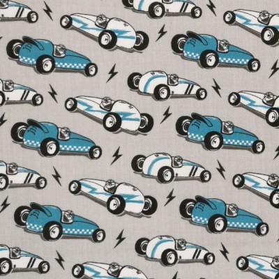 Polycotton Printed Fabric Silver and Blue Vintage Racing Cars