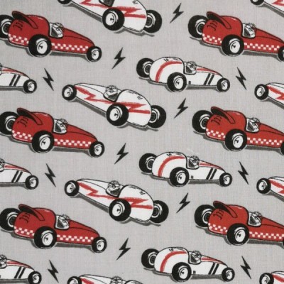 Polycotton Printed Fabric Silver and Red Vintage Racing Cars