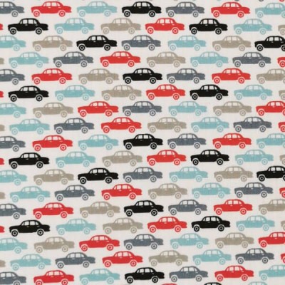 Polycotton Printed Fabric White with Multi Coloured Vintage Racing Cars