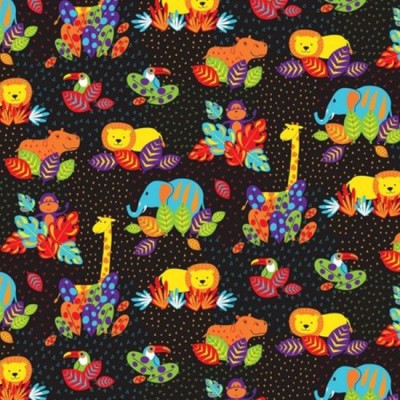 100% Cotton Fabric Print by Nutex - Wild & Bright Animals with Leaves