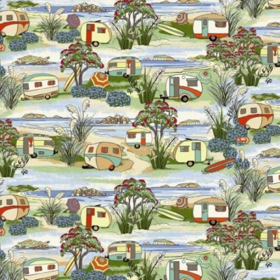 100% Cotton Fabric Print by Nutex - Retro Holidays Caravans