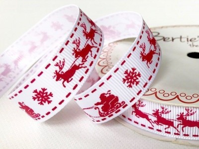 Bertie’s Bows Red Santas Sleigh Print 16mm White Grosgrain Ribbon
