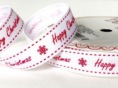 Bertie’s Bows Red Happy Christmas White 16mm Grosgrain Ribbon