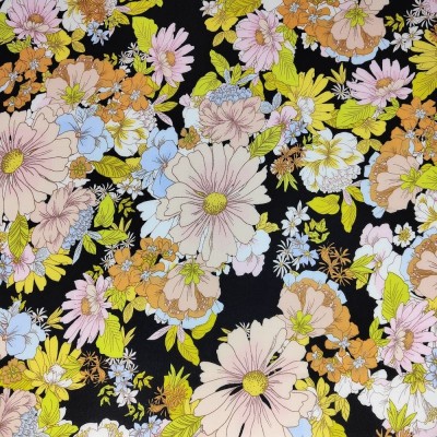 100% Viscose Floral Print Fabric - Bouquet Black