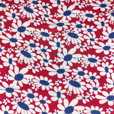 100% Viscose Floral Print Fabric - Red & White Daisy