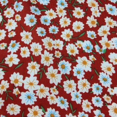 100% Viscose Floral Print Fabric - Rust with Orange & Blue Flowers