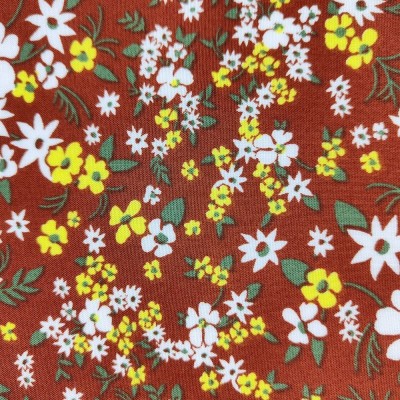 100% Viscose Floral Print Fabric - Mid Brown with Yellow & White Flowers
