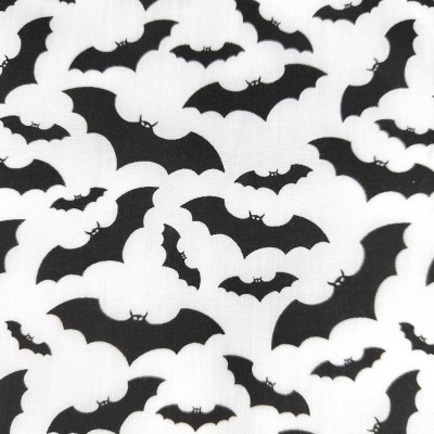 Polycotton Printed Fabric - Flying Bats - White with Black Bats