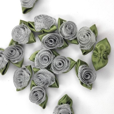 Large Lurex Ribbon Roses with Leaf - Silver