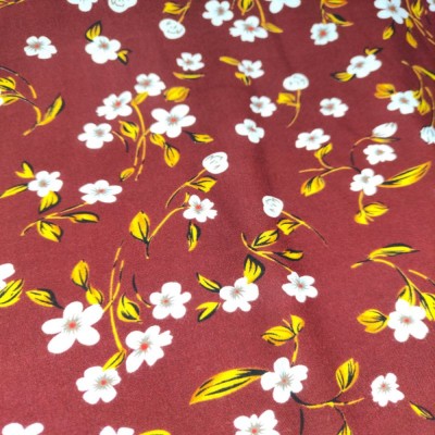 Poly Viscose Fabric - Burgundy with White Daisies