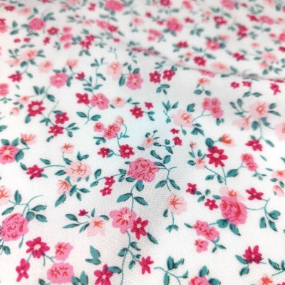 Poly Viscose Fabric - White with Red Ditsy Flowers