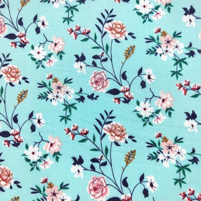 Poly Viscose Fabric - Spearmint with Pink & White Flowers