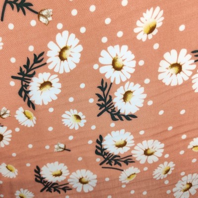Poly Viscose Fabric - Coral & White Flowers