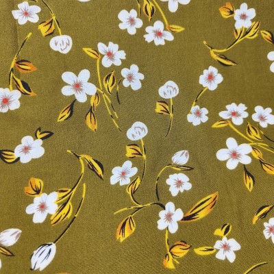 Poly Viscose Fabric - Olive with White & Yellow Flowers