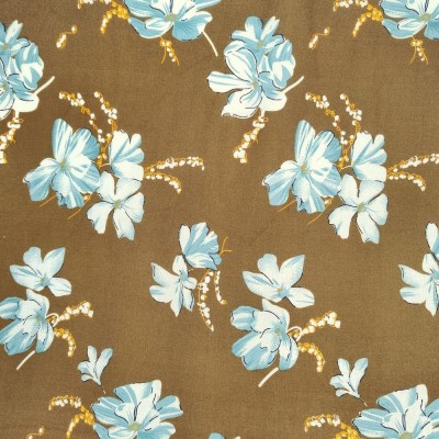 Poly Viscose Fabric - Dark Tan with Blue & Flowers