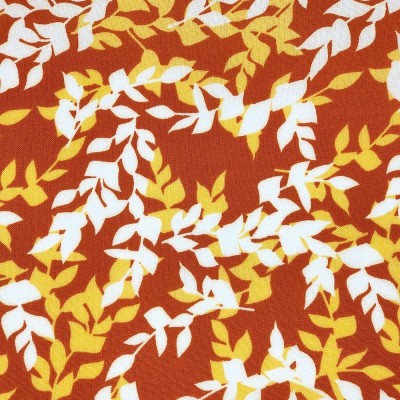 Poly Viscose Fabric - Burnt Orange with White & Yellow Leaves