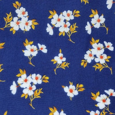 Poly Viscose Fabric - Navy with White Flowers