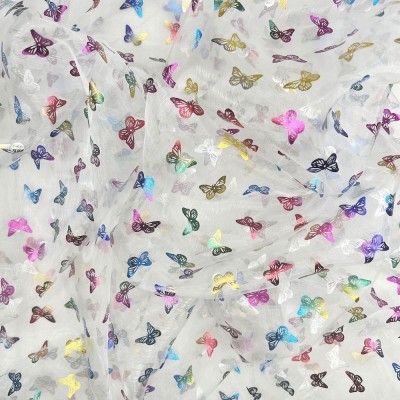 Printed Organza Foil Fabric - Butterfly White