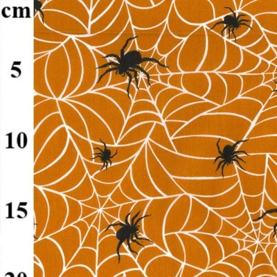 Polycotton Printed Fabric - Orange with Black Spider & Spider Web
