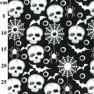 Polycotton Printed Fabric - Black with White Skulls & Bats