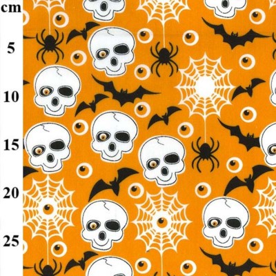 Polycotton Printed Fabric - Orange with White Skulls & Bats