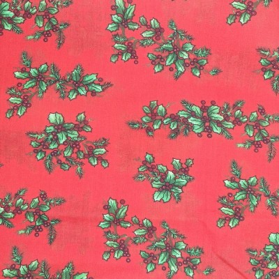 Christmas Polycotton Fabric - Christmas Red with Holly 