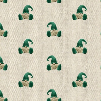 Elf, Gonk, Gnome - Green - Cotton Rich Linen Look Fabric - All Over Design