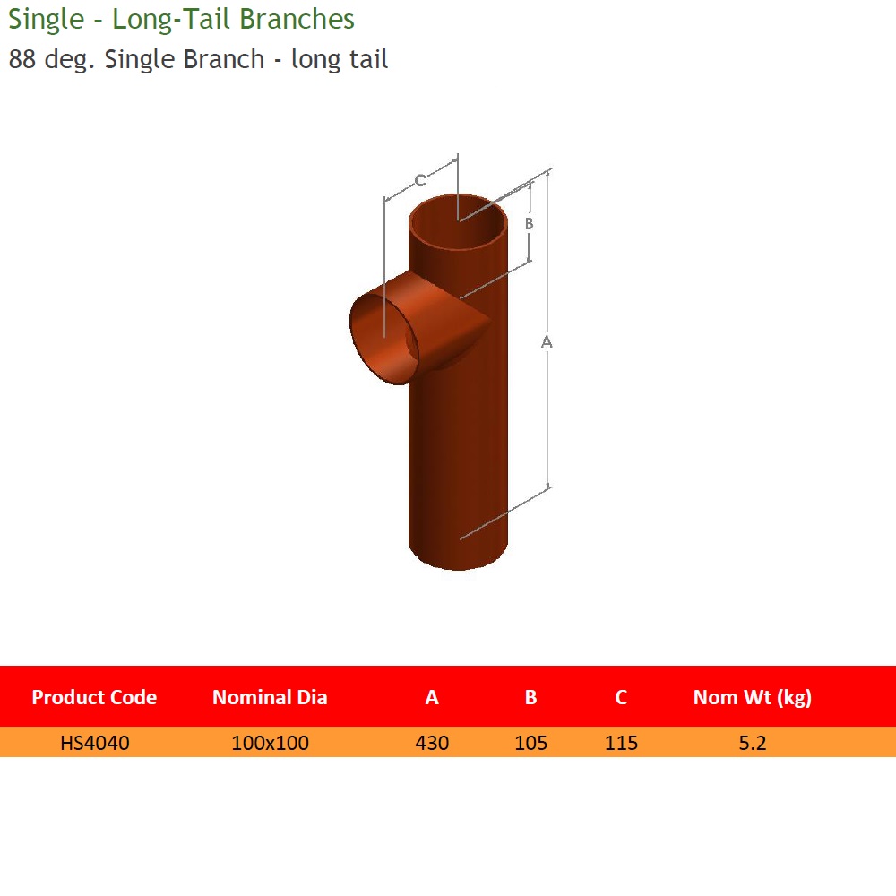 100mm x 100mm Cast Iron Soil 88 Degree Long Tail Branch