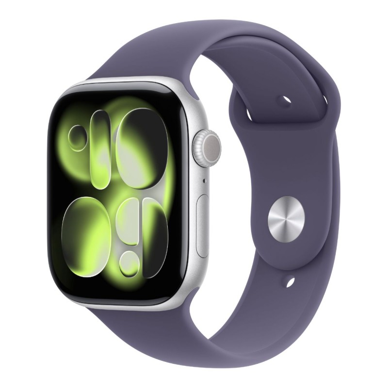 apple watch series 11 gps 46mm silver aluminium case with purple fog sport band m/l meva4