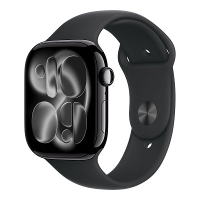 apple watch series 11 gps 46mm jet black aluminum case with black sport band m/l meux4