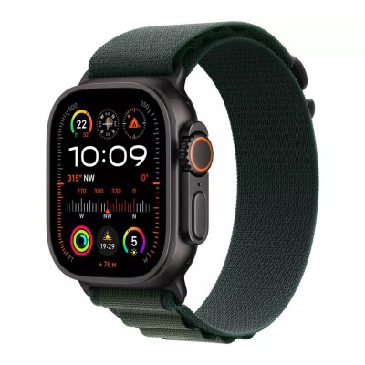 apple watch ultra 2 cellular 49mm black titanium case with dark green alpine loop, l mx4t3
