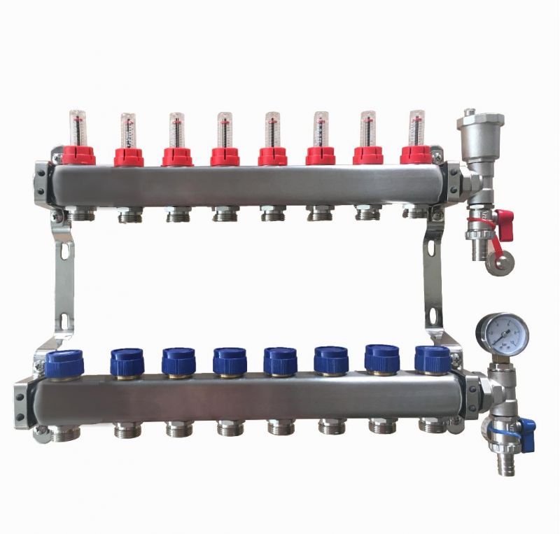 8 Port stainless steel manifold With Pressure gauge and auto air vent