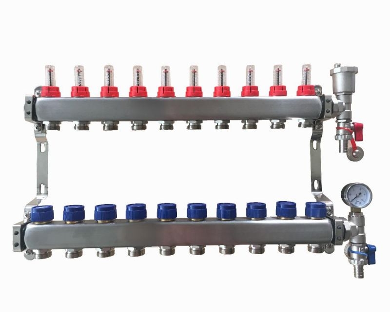 10 port stainless steel manifold with pressure gauge and auto air vent
