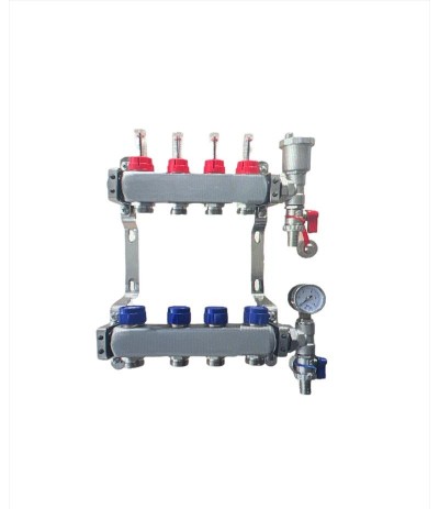 4 Port stainless steel manifold With Pressure gauge and auto air vent