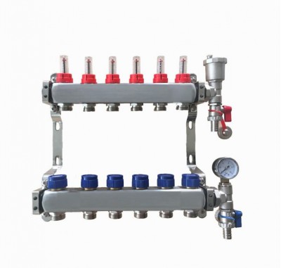 6 Port stainless steel manifold With Pressure gauge and auto air vent
