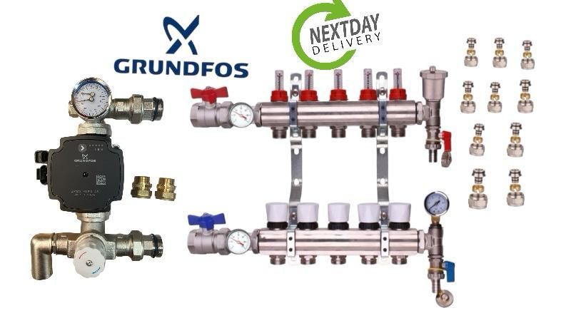 Underfloor Heating Manifold With Pump Pack - 2 To 12 Ports - Choice Of Grundfos Or Wilo 'A' Rated Pump