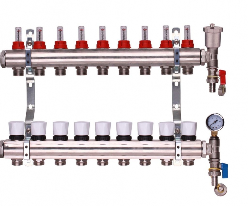 9 port manifold with pressure guage and auto air vent